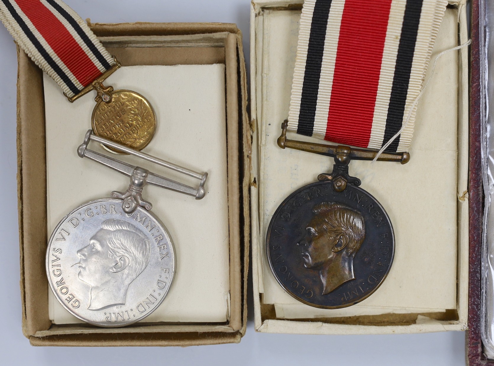 A WWI and WWII Special Constabulary group to PTE. G. HARRINGTON R. SUSSEX R and Special Constabulary for Faithful Service in Brighton Special Constabulary and WWII Defence Medal with silver and enamel masonic medal
